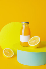 Bottle of juice on color background