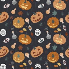 Seamless Halloween pattern with pumpkins, cobwebs, leaves, spiders, potions witchcraft elements Pumpkin pattern on a black background. Design for invitations, postcards.vector illustration