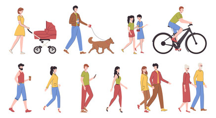 Fototapeta na wymiar Cartoon Color Characters People Walking Set Concept. Vector