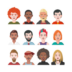 Set of Men Avatars. Twelve Characters from Different Subcultures and Social Strata.  Laughing Beautiful Men with Names. Diversity of Cultures. Vector Illustration.