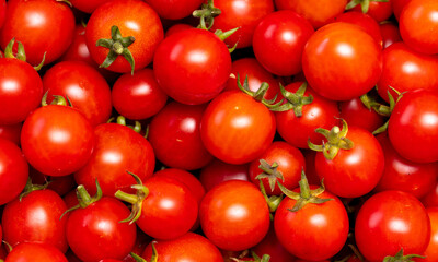 Red cherry tomatoes as background.