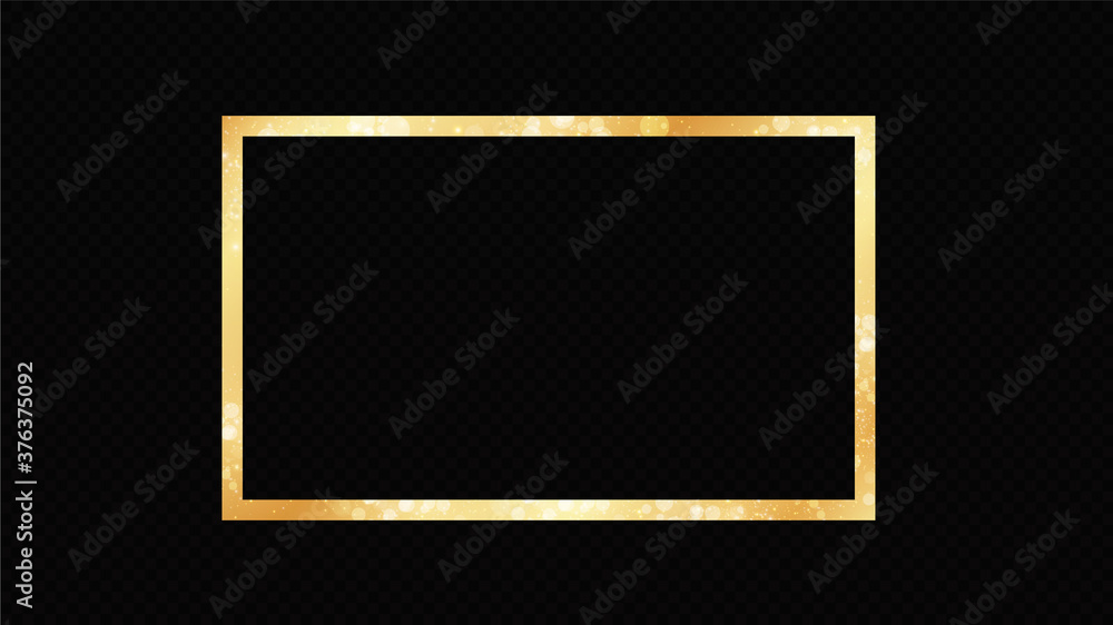 Poster golden frame with lights effects. shining rectangle banner. isolated on black transparent background
