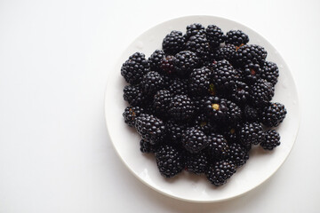 Fresh blackberries in a white plate on a white background with space for text