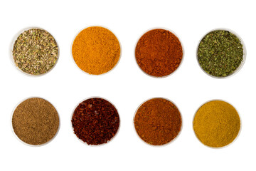 Various of indian spices isolated on white background.