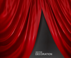 Red satin open Curtain. Realistic Vector object Isolated on gray background. Element for design.