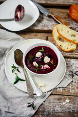 Beetroot soup with feta cheese.style rustic