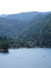 Fototapeta na wymiar Lake Bled, Slovenia, Julian Alps, Island, Green mountains forest