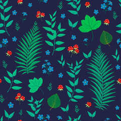 Seamless pattern of flowers, leaves and berries that grow in the forest. Fashionable, summer, dark design for clothing or Wallpaper printing.