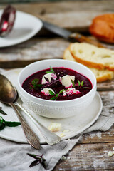 Beetroot soup with feta cheese.style rustic