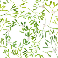 Pattern Christmas ornaments from the branches painted with watercolors on white background. Mistletoe