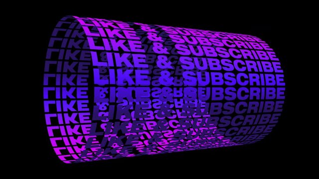 Like and subscribe 4K 3D rendering text cylinder kinetic looping. Blue purple text motion animation on black background. Seamless loop video cover animation text use as Title Trailer for your video.