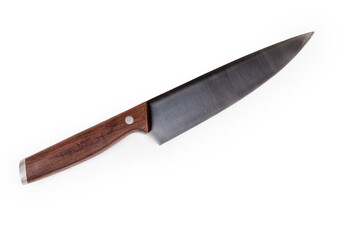 Kitchen large chef's knife on white background, top view