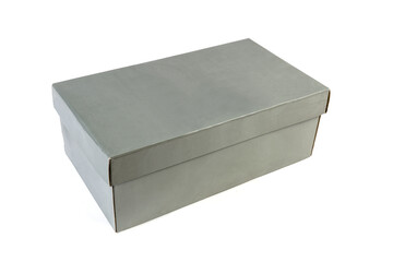 Closed gray cardboard shoe box on a white background