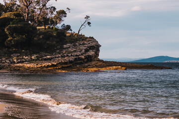 detail of the view from Blackmans Bay beach natural landscape in Tasmania, Australia