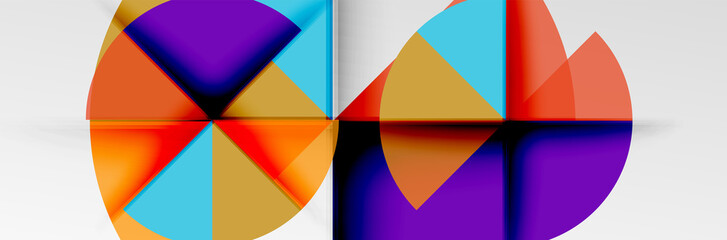 Bright color circles, abstract round shapes and triangles composition with shadow effects. Vector modern geometric design template