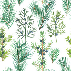 Naklejka na ściany i meble Pattern Christmas ornaments from the branches painted with watercolors on white background. Juniper, blue berries, Christmas tree branches