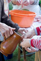 Limpieza y cosido de las tripas.Matanza del Cerdo. Algaida. Comarca de Es Pla. Mallorca.Balearic Islands. Spain.