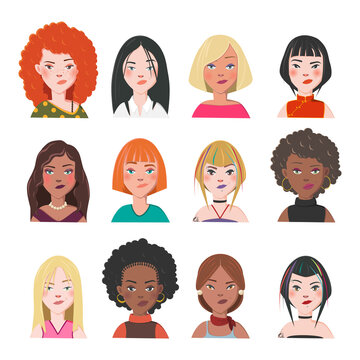 Set of Woman Avatars. Twelve Characters from Different Subcultures and Social Strata. Kinky Beautiful Women. Diversity of Cultures. Vector Illustration.