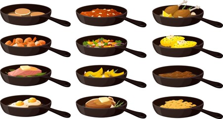Vector illustration of various cast iron pan skillets with meat, eggs and vegetables isolated on white background.