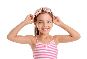 Little girl in swimsuit on white background