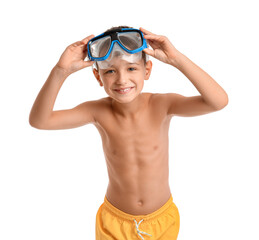 Fototapeta premium Little boy with snorkeling mask on white background