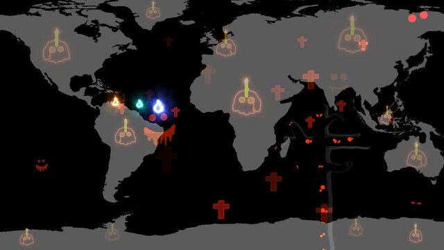 Skull candle on continents while the hungry spirits ghost play funny in Halloween night theme park world map background