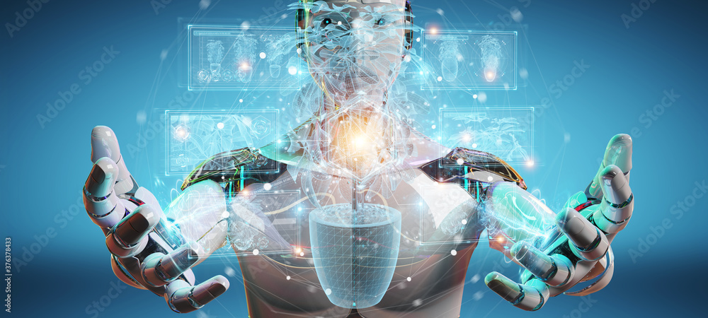 Leinwandbilder robot holding and touching holographic projection of a plant with digital analysis 3d rendering