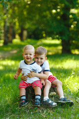 Fototapeta premium Children in green summer forest. Two little brothers on a wooden stump in spring park. Family walk outdoor. Friendly relationship in family. The same clothes