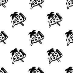 PALM TREE AND PIZZA SLICE SEAMLESS PATTERN BLACK WHITE BACKGROUND