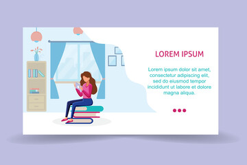 Naklejka na ściany i meble Running landing page template. Girl sitting on pile of books with tablet in her hands. Concept illustration of e-learning, distance studying and self education. Vector illustration in flat style. 