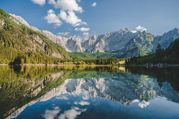 Beautiful view of Fusine Lake, Tarvisio, Udine province, Friuli Venezia Giulia, Italy. Italian mountain lake in the Alps