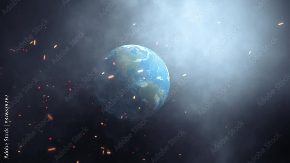 Poster abstract earth view from space with burst optical flare light. the rotating world zoom in with explo