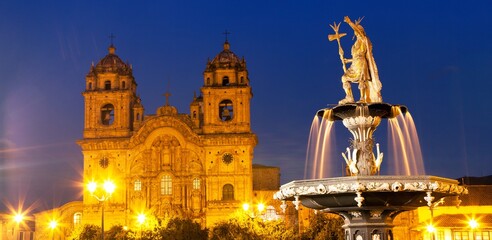 Inca Pachacutec on fountain and catholic church