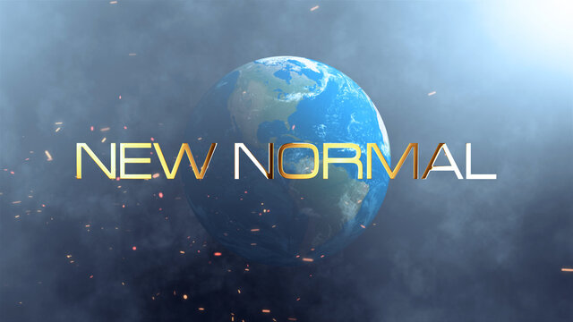 New Normal abstract background concept. 3D rendering illustration creative design with smoke cloud, dust particles and earth planet with New Normal gold text.