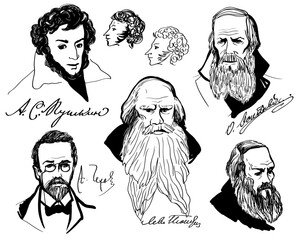 Big set with hand drawing portraits of the great Russian writers - Anton Chekhov, Alexander Pushkin, Leo Tolstoy, Fedor Dostoevsky. Set of isolated elements on white background.