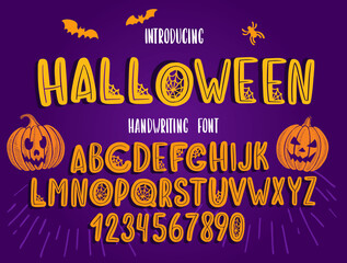 Halloween font. Typography alphabet with colorful spooky and horror illustrations.