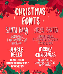 Christmas fonts. Holiday typography alphabet with season wishes and festive illustrations. - 376380497