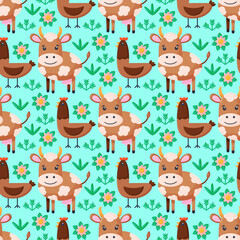 Obraz na płótnie Canvas Farm animals seamless pattern. Collection of cartoon cute baby animals. Cow, chicken. Flat vector illustration isolated. 
