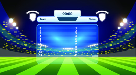 Stadium electronic sports scoreboard with soccer time and football match result display vector illustration