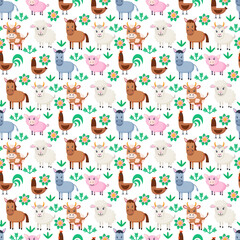 Farm animals seamless pattern. Collection of cartoon cute baby animals. Cow, sheep, goat, horse, donkey, pig, cock, chicken. Flat vector illustration isolated.