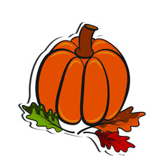 Autumn sticker, pumpkin with oak leaves, handmade art, isolated on white background. Vector illustration, flat cartoon design, comic style, eps 10.
