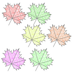 Set of maple leaves with colorful patterns, autumn leaves coloring page