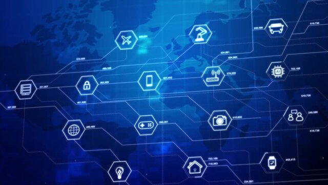Internet of things icons in a hexagon shape with connection line, for cyber futuristic network and innovation conception the dark background, shallow depth of field effect with dark and grain processe