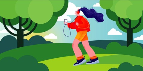 Jogging in the park young happy woman. Sport illustration. Vector modern trendy illustration in flat style and bright modern colors. Good for apps, social media, magazines, advertising and any other