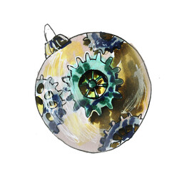 A magical Christmas toy made of screws and gears. Watercolor illustration of a steampunk  ball isolated on a white background. Holiday card
