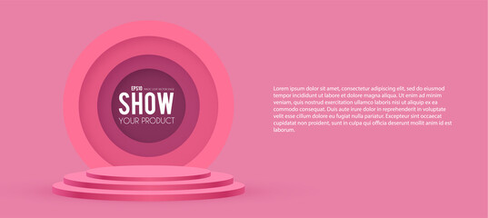 Round Podium. Scene, pedestal and 3D platform with circle banner. Advertising, award and win design. Show and sale background.