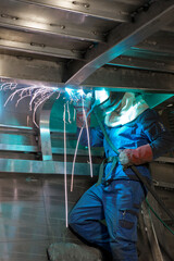 Welding. Aluminium hull of a yacht at the shipyard. Airframe. Ship building industry. Super sailing yacht. Netherlands. 