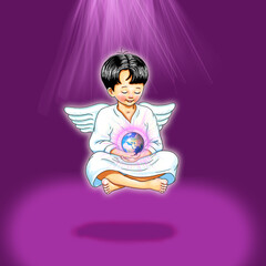 Engel barfuß Elohim Erzengel Beschützer Energie Lichtarbeiter Liebe schwebt Meditation Hintergrund violett  Erde Hand lächelt Lächeln Freude Erdkugel rosa Frieden Aufstieg Lichtwesen Transformation 