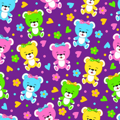 seamless,pattern with bear toys,flower and heat on a lilac  background,illustration,vector