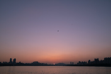 hangang sunset with helicopter